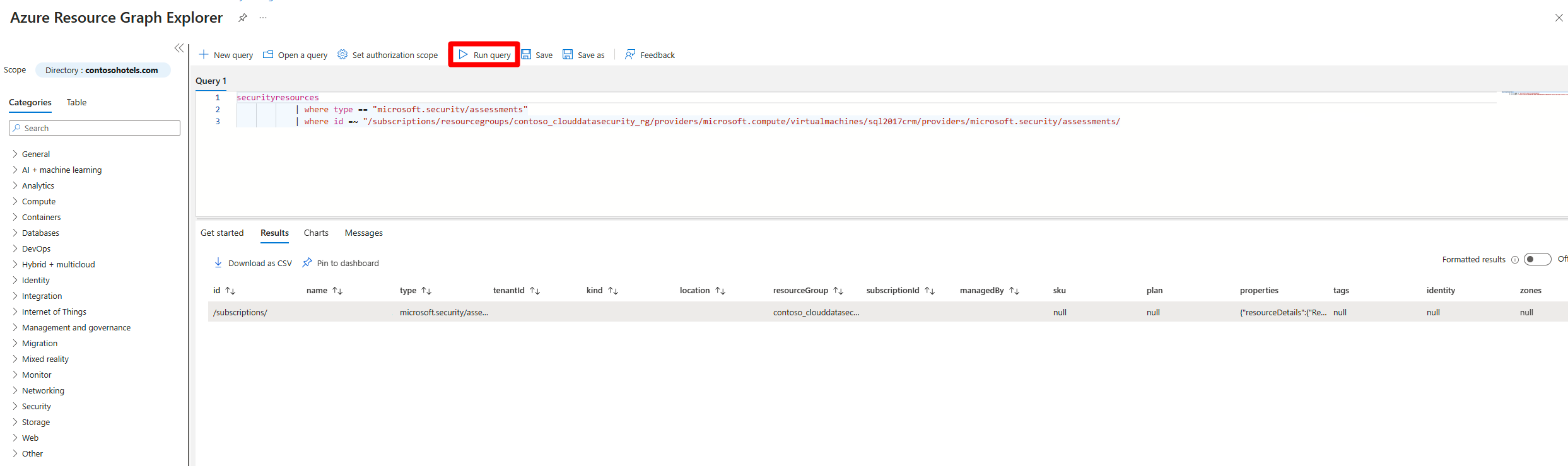 Screenshot of Azure Resource Graph Explorer that shows the results for the recommendation from the previous screenshot.