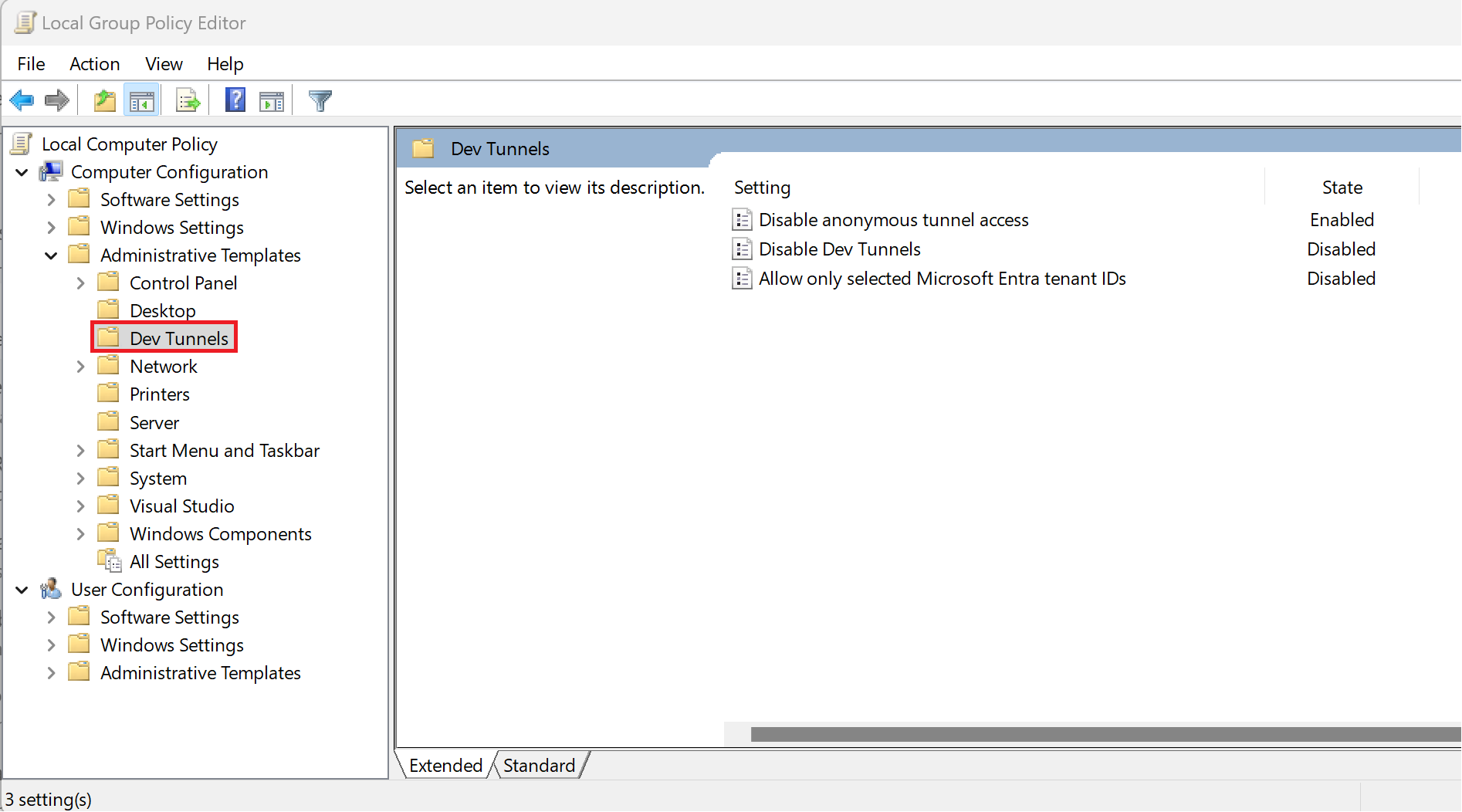 Screenshot that shows Dev Tunnel policies in the Local Group Policy Editor.
