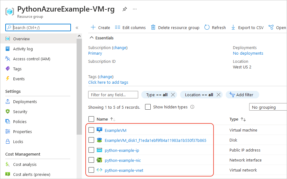 Azure portal page for the new resource group showing the virtual machine and related resources