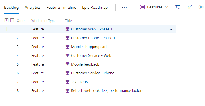 Screenshot that shows a features backlog.
