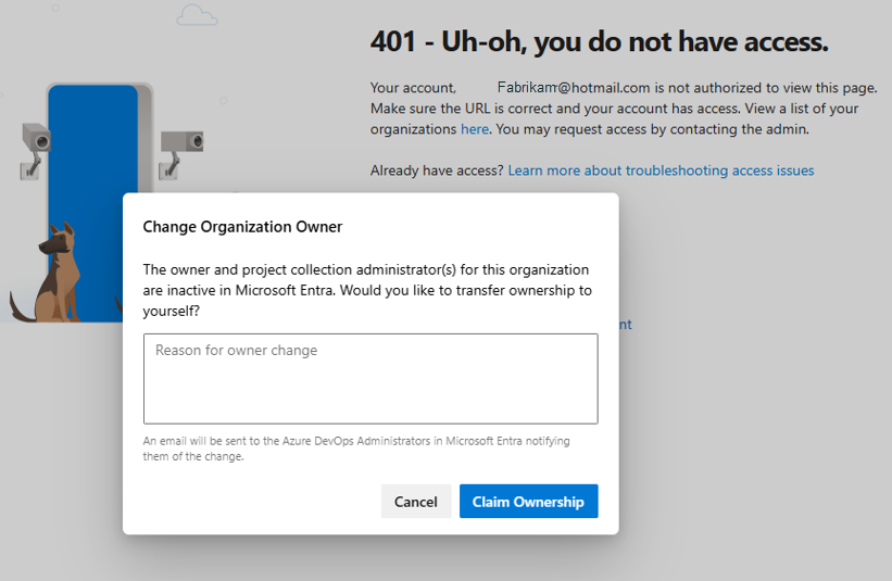 Screenshot showing empty box, where you enter justification and claim ownership of the organization.