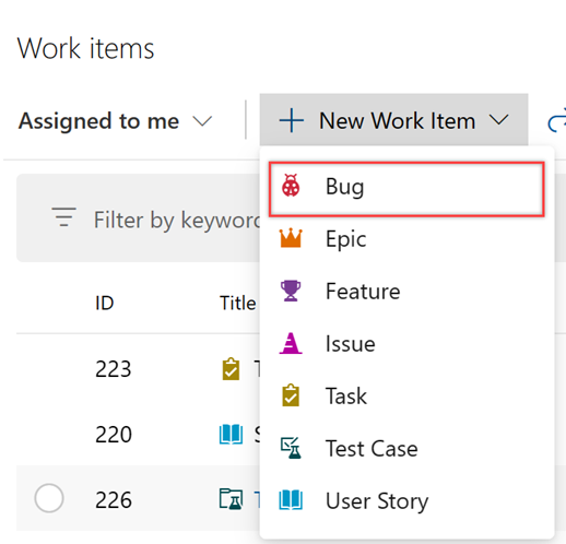 Screenshot of Work, Work Items Page, Add New Work Item, Bug sequence.