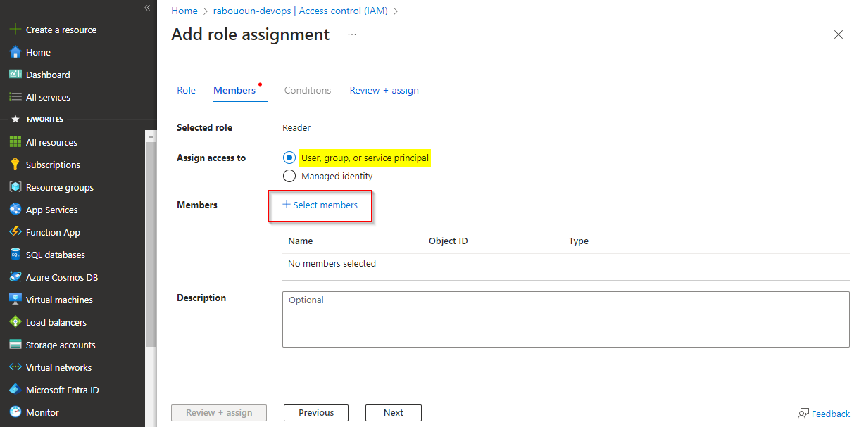 A screenshot showing how to add members to role assignment in Azure.