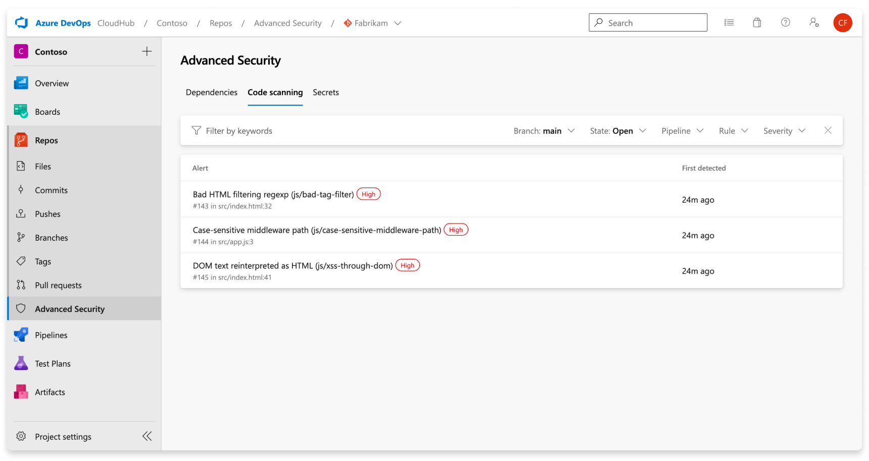 Screenshot of code scanning alerts for a repository.