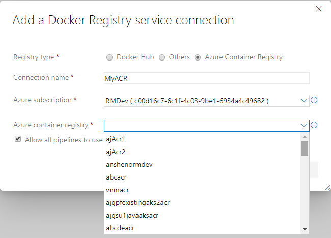 Screenshot showing how to add a Docker service connection.