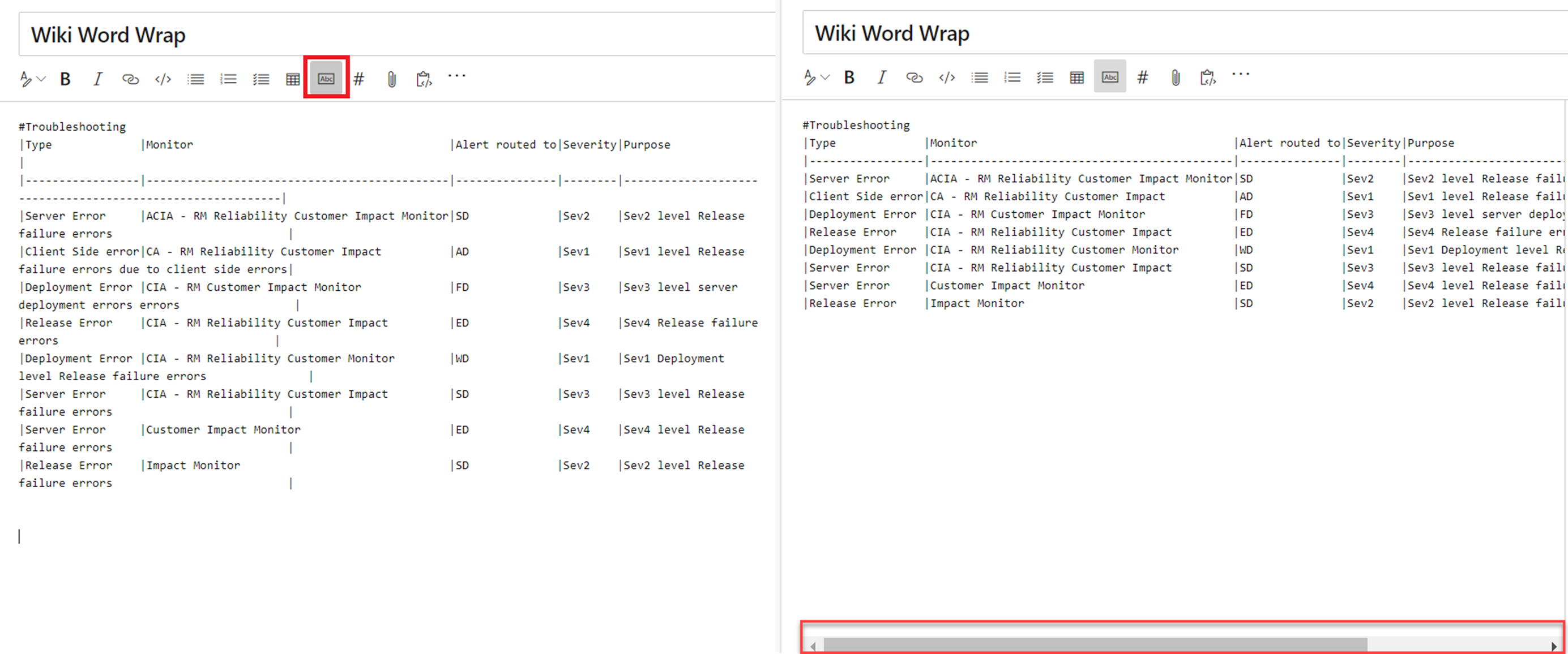 Screenshot of a Wiki page with the Word Wrap option and the horizontal scrollbar called out.