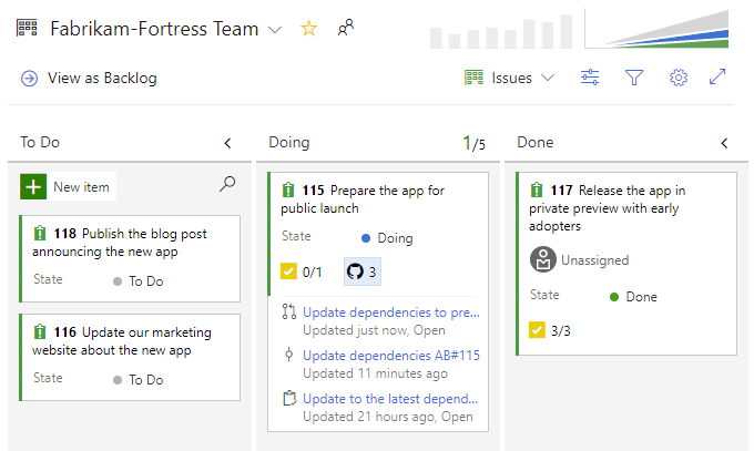 Screenshot showing how to view linked GitHub activity from the Kanban board.