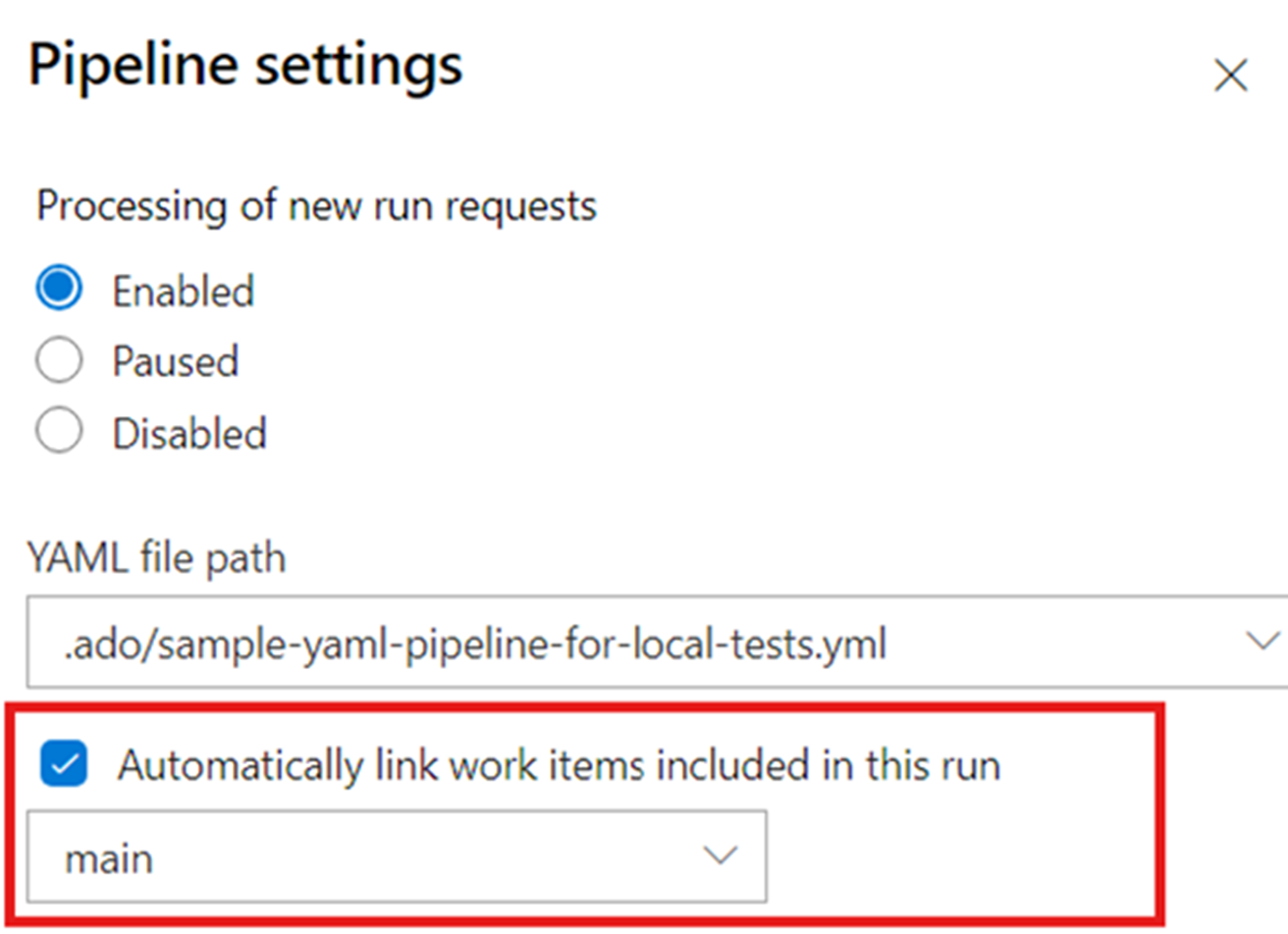 Pipeline settings image with automatically link work items