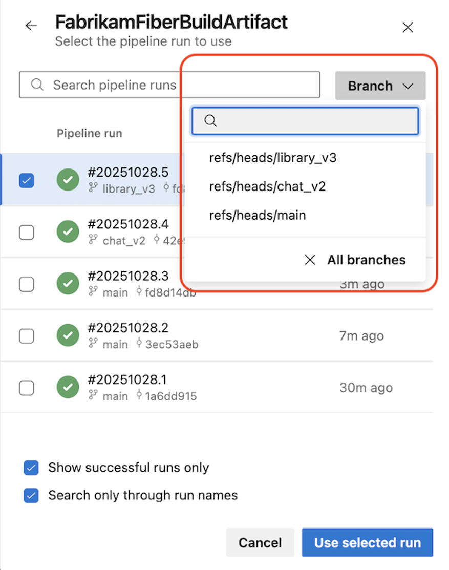Branch selector for choosing a pipeline artifact