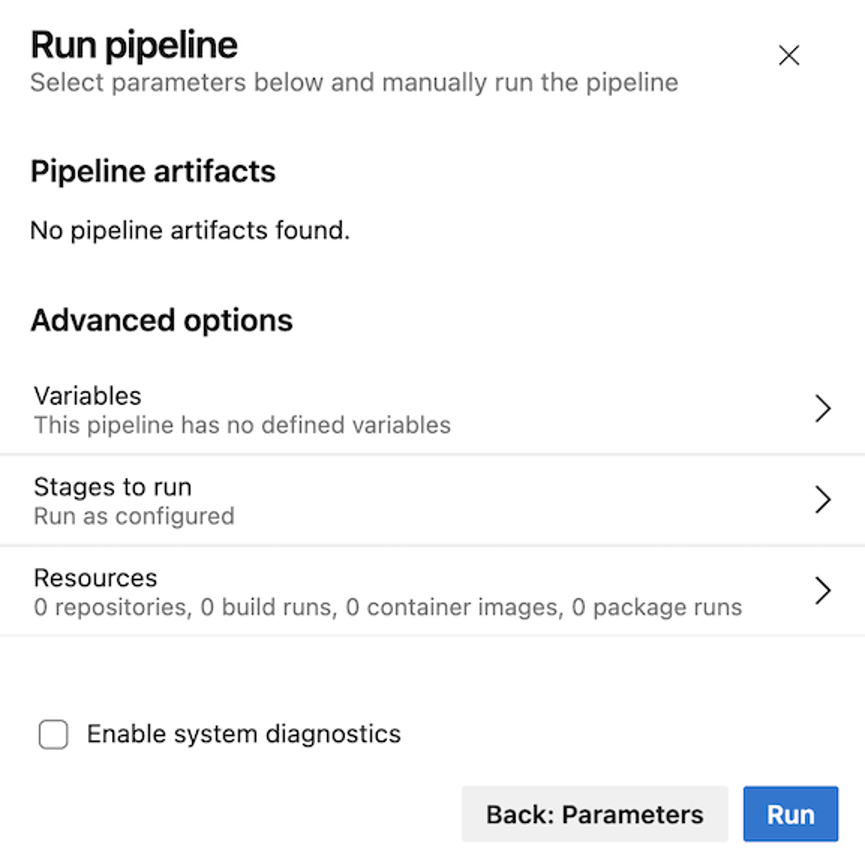 Deployment panel indicating that no pipeline artifacts were found