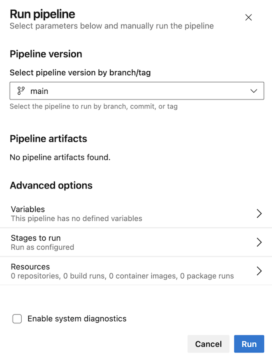 Run pipeline panel without a pipeline artifact