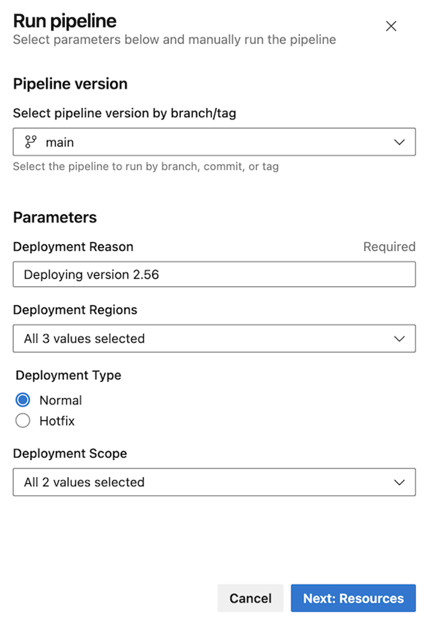 New run pipeline panel for entering parameters