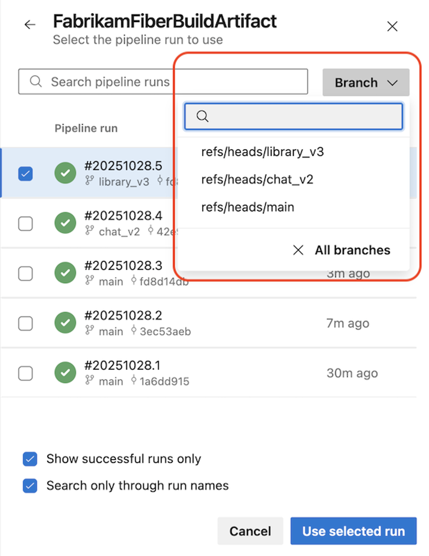 Branch selector for narrowing the artifact search