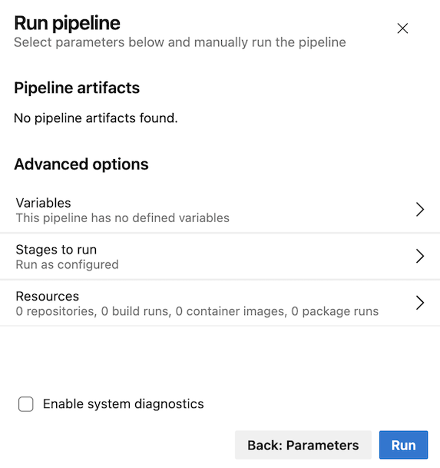 Run pipeline panel indicating that no artifacts were found