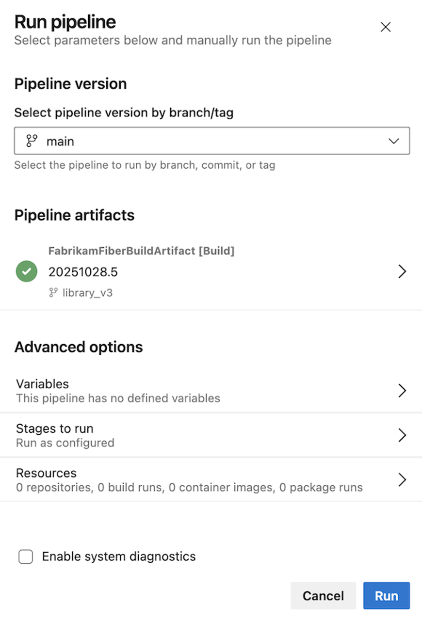 One-step run pipeline panel with pipeline artifacts