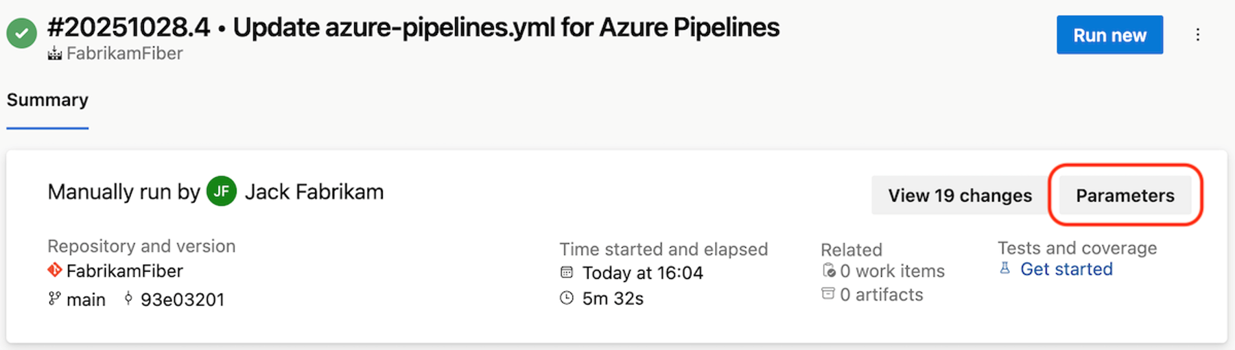 Parameters panel for a pipeline run
