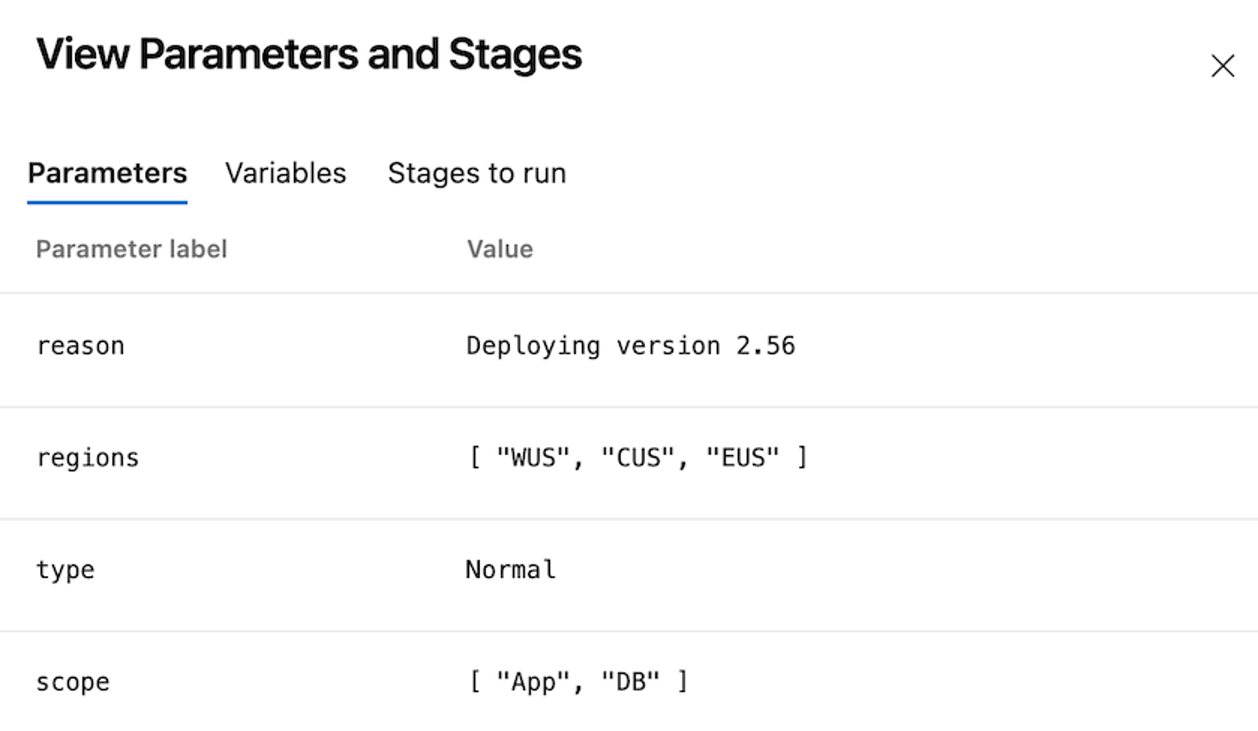 Parameter values displayed for a pipeline run