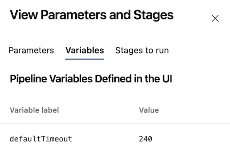 User interface variables displayed for a pipeline run