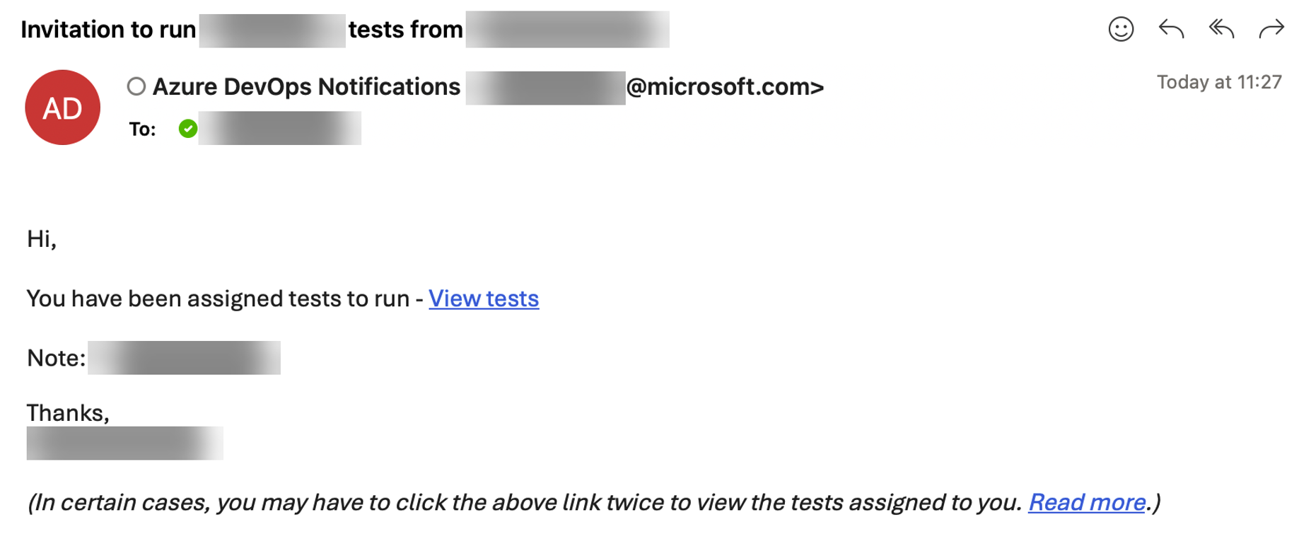 Tester assignment email linking to the test execution page