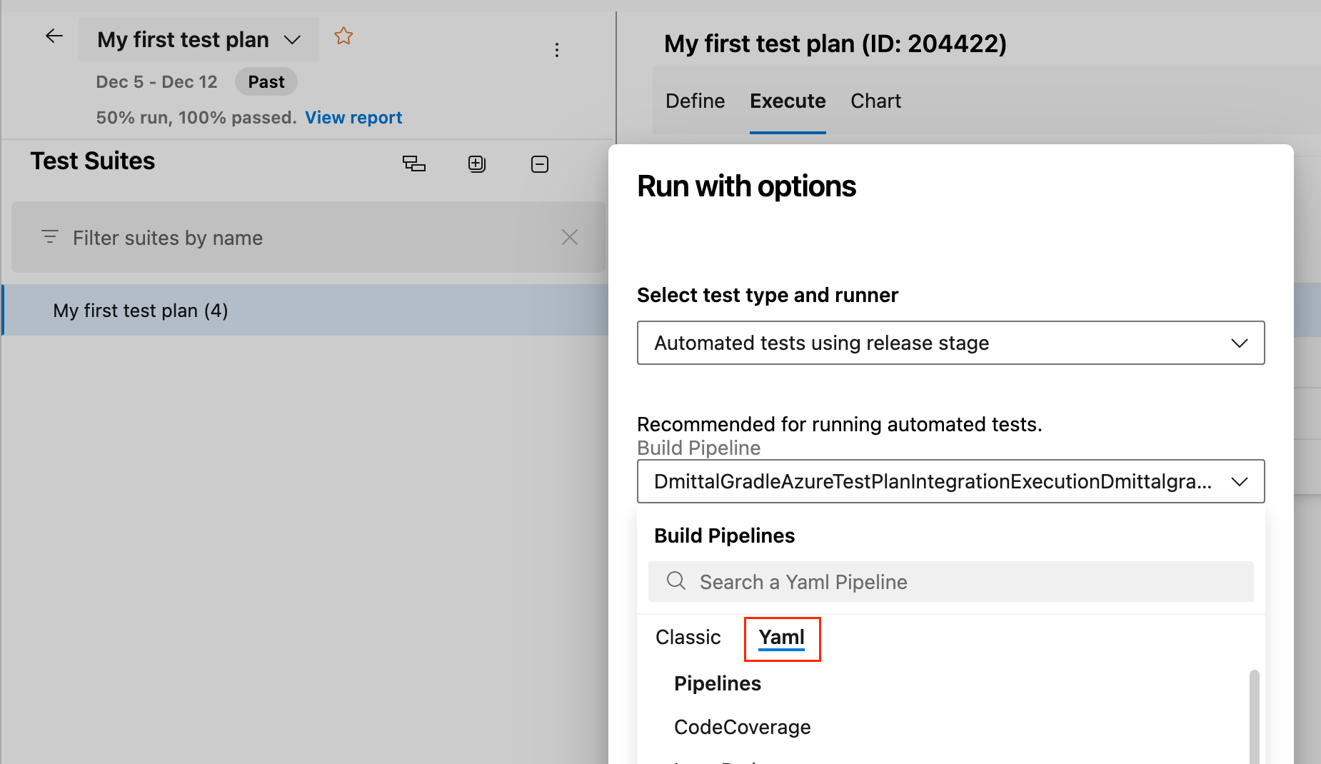 YAML pipeline configuration in Test Plans