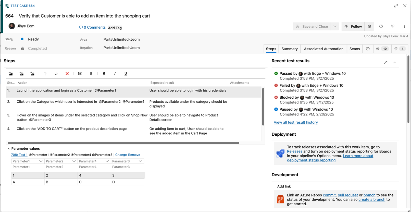Recent test results displayed in a test case