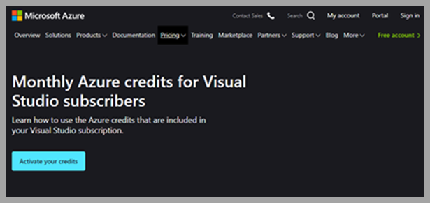 Activate your credits. Screenshot of Monthly Azure credits for Visual Studio subscribers page.