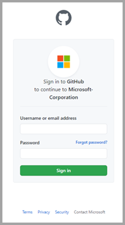 Sign into GitHub to continue to Microsoft-Corporation. Screenshot of the Microsoft sign into GitHub to continue to Microsoft-Corporation.