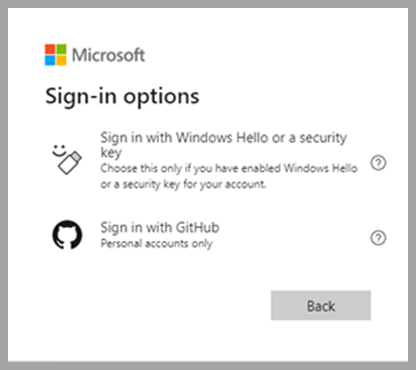 Sign in options page. Screenshot of the sign in options page.