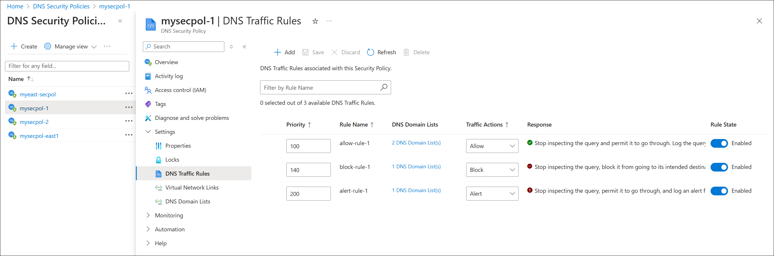 Screenshot of the list of DNS traffic rules.