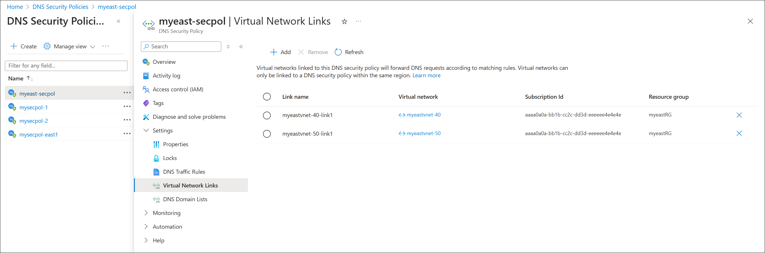Screenshot of the list of virtual network links.