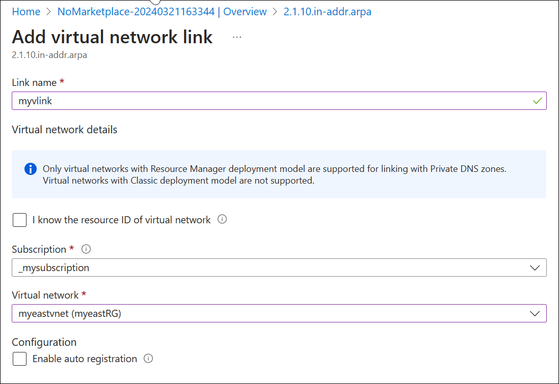 Screenshot of adding a virtual network link.