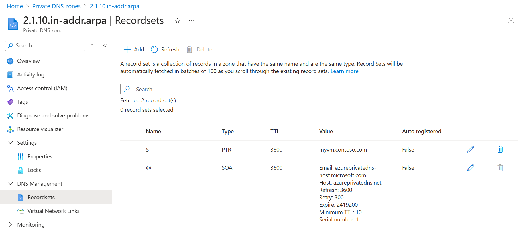 Screenshot of a private zone with a reverse DNS record.