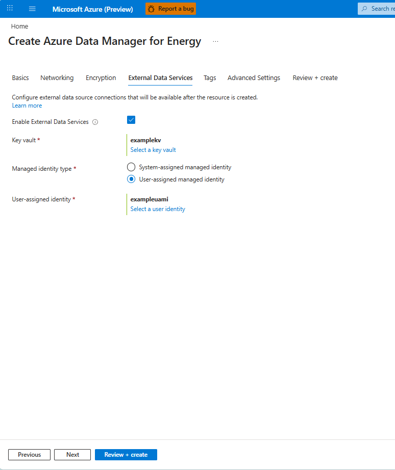 Screenshot of the completed External Data Services configuration with key vault and managed identity selected.
