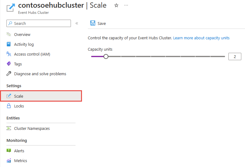 Screenshot showing the Scale tab of the Event Hubs Cluster page.