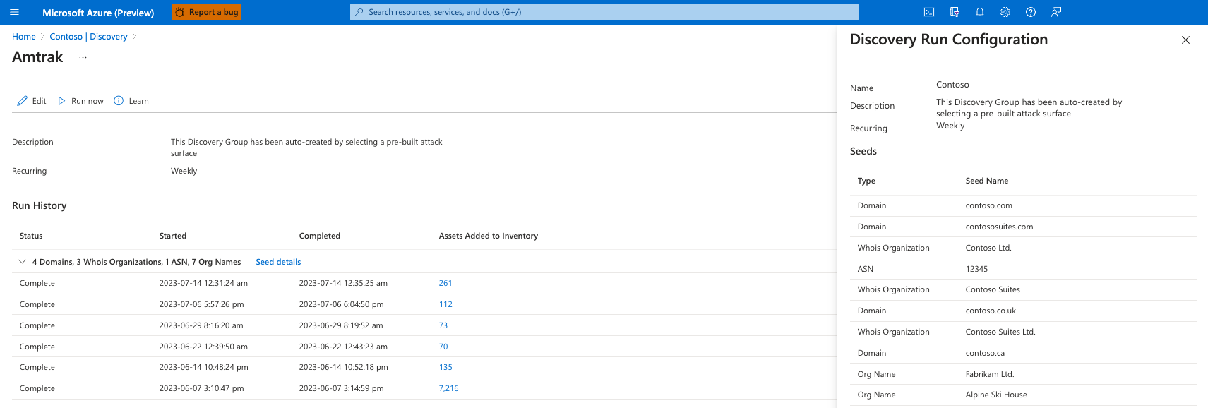Screenshot that shows the run history for the discovery group screen.