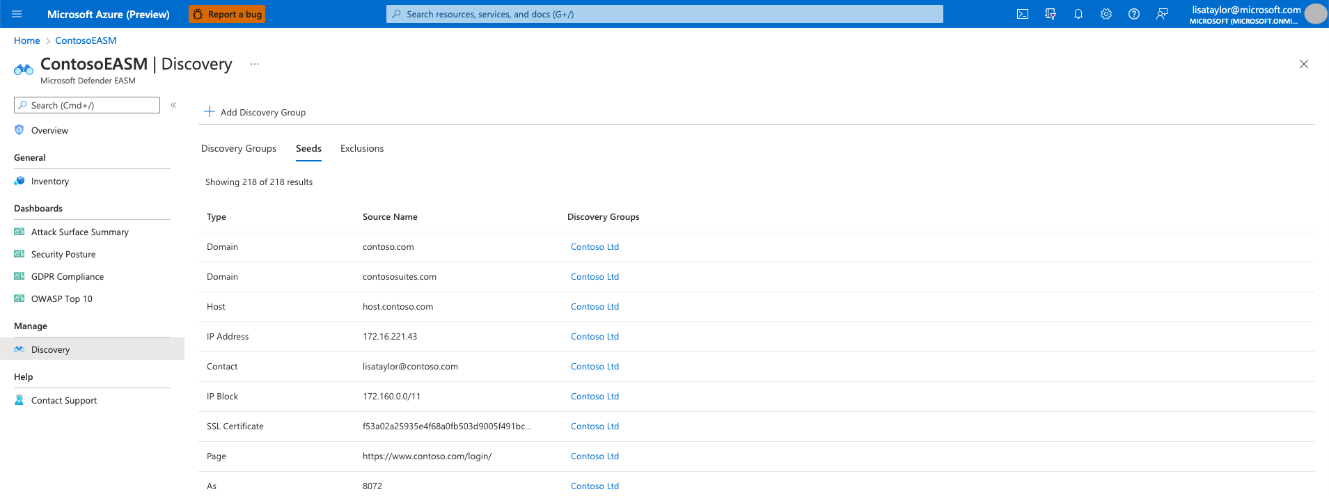 Screenshot that shows a Defender EASM instance on the overview page with the Manage section highlighted.