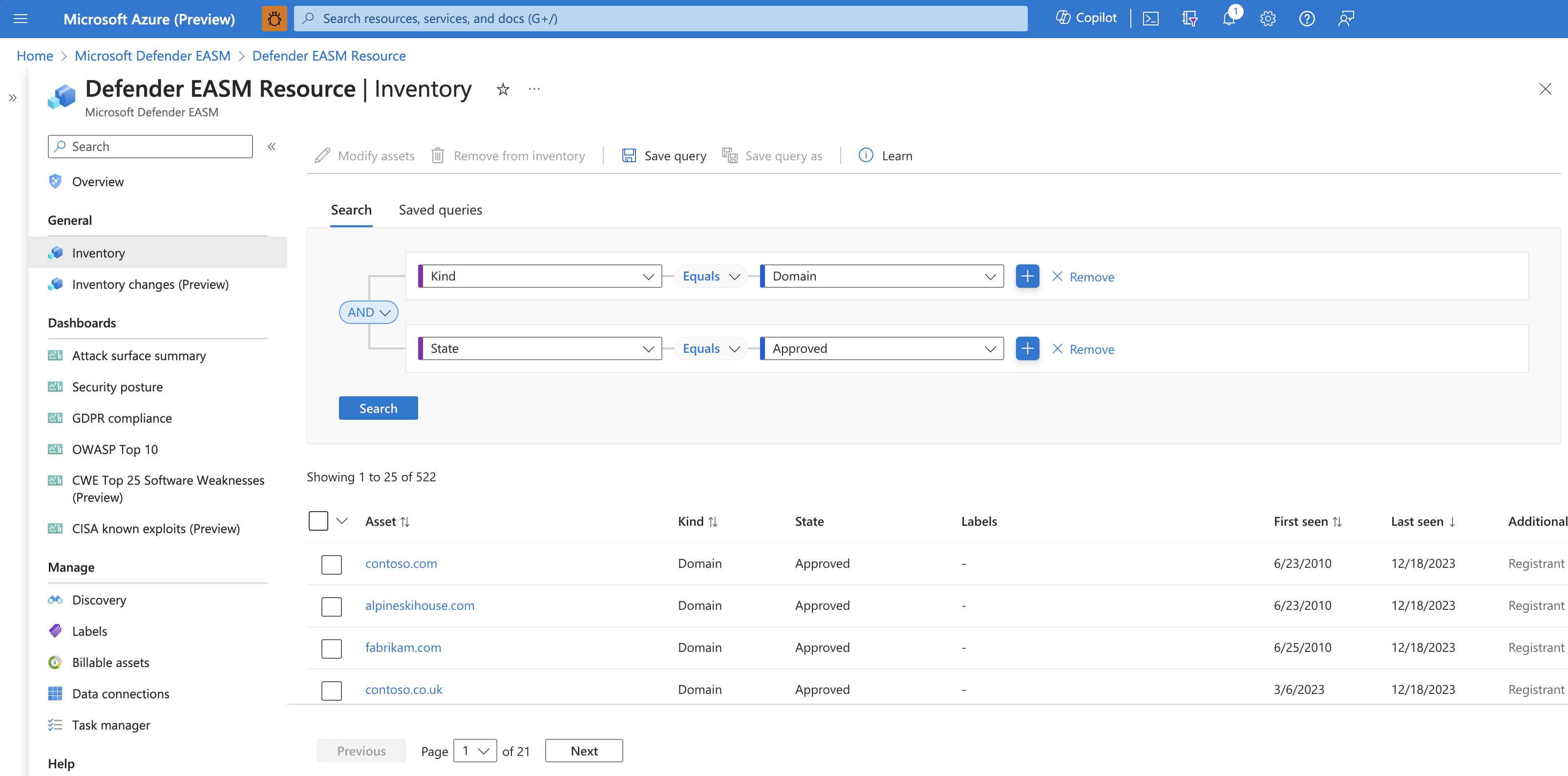 Screenshot of the inventory filters panel expanded to show available filter options and operators.