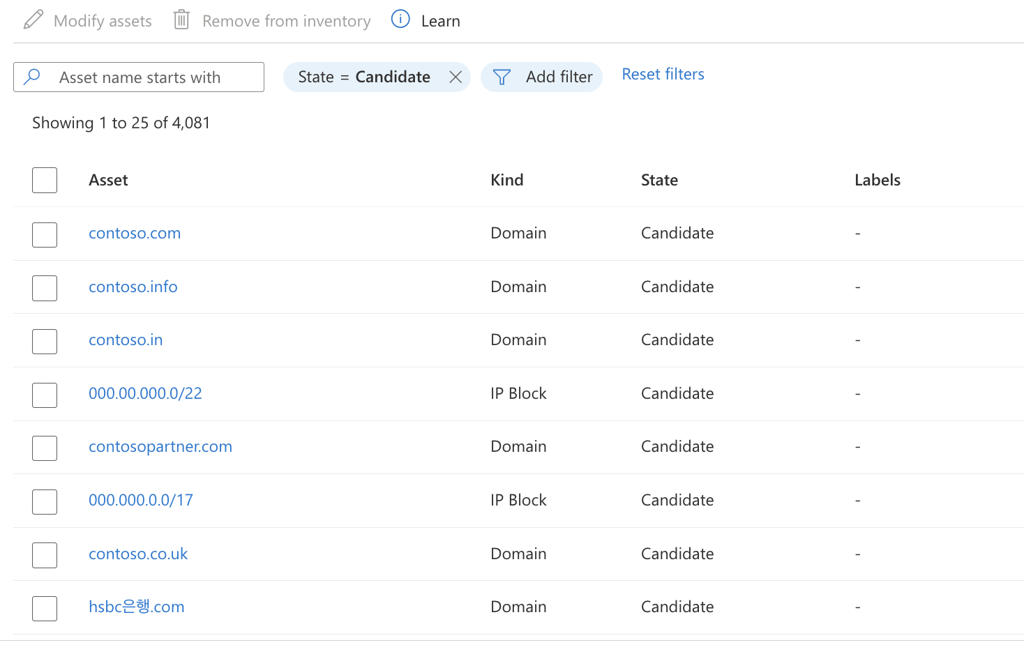 Screenshot of inventory results filtered to show assets in the Candidate state.