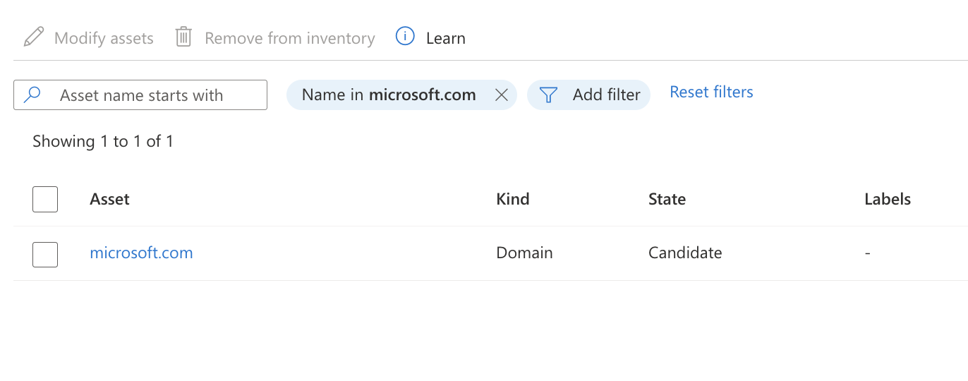 Screenshot of inventory results filtered to a single asset matched by name.