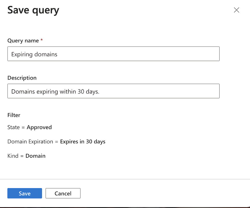 Screenshot of the Save query page where you enter a name and description for the current inventory filter.