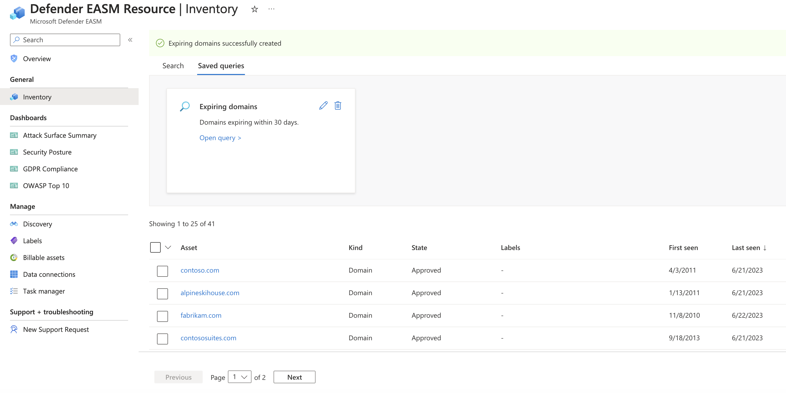 Screenshot of the Saved queries tab listing existing saved queries with options to open, edit, or delete them.