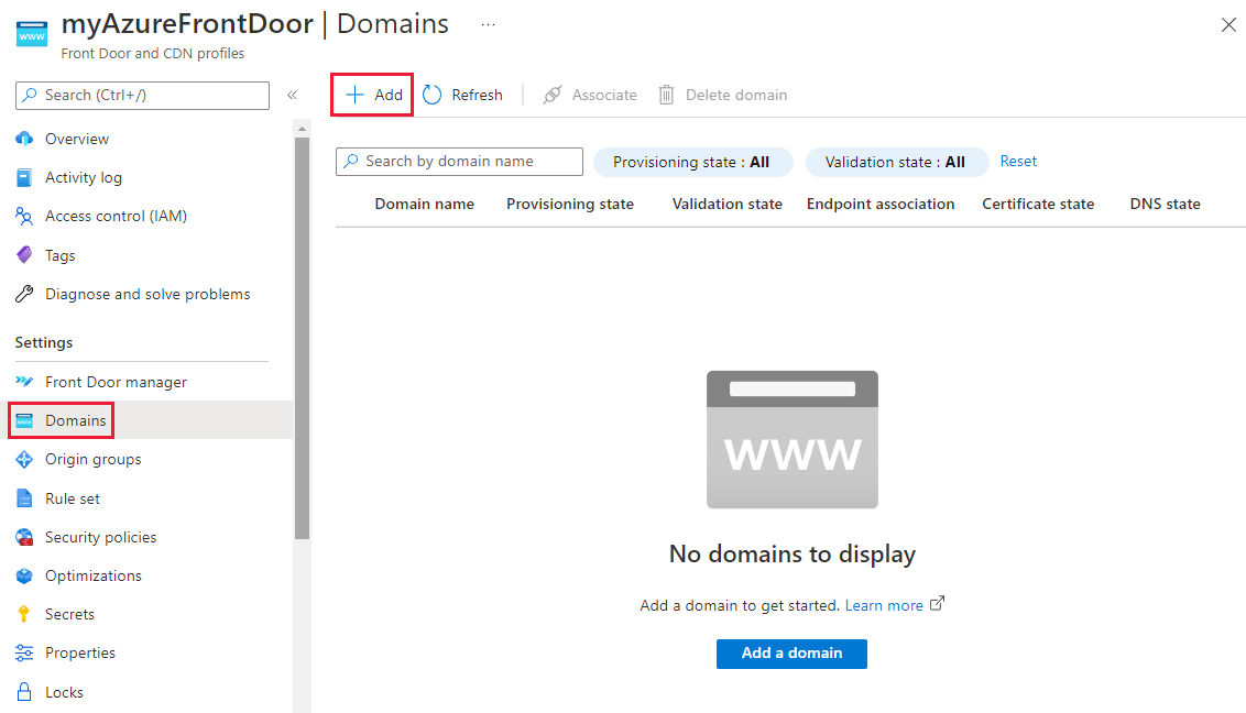 Screenshot that shows the Add a domain button on the domain landing pane.