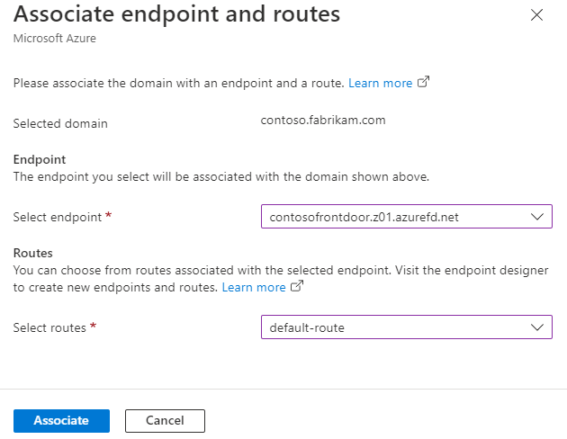 Screenshot that shows the Associate endpoint and routes pane.