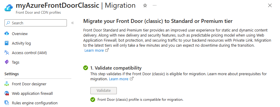 Screenshot of the Front Door (classic) profile passing validation for migration.