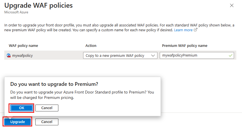 Screenshot of the confirmation message from upgrade WAF policies page.