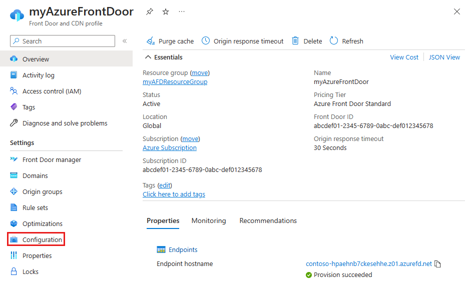 Screenshot of the configuration button under settings for a Front Door standard profile.