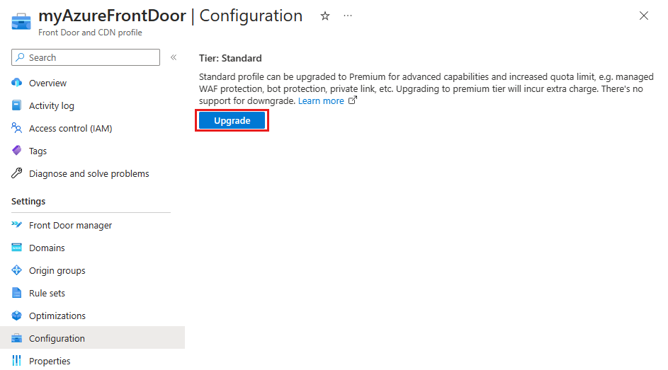 Screenshot of the upgrade button on the configuration page a Front Door Standard profile.
