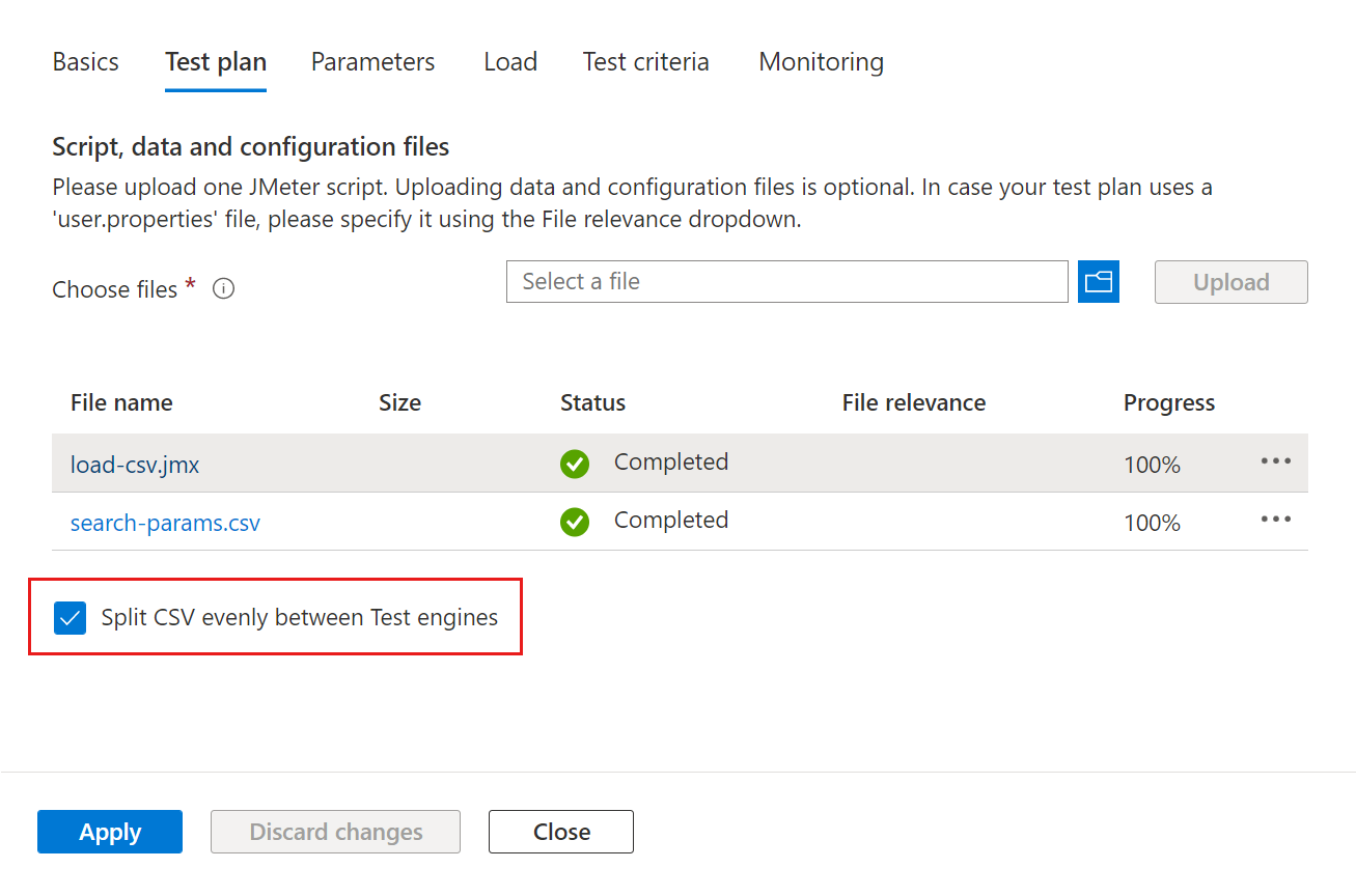 Screenshot that shows the checkbox to enable splitting input C S V files when configuring a test in the Azure portal.