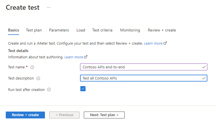 Screenshot that shows the page for creating a test with a J Meter script in the Azure portal.