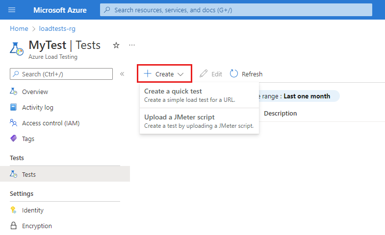 Screenshot that shows the options to create a new test in the Azure portal.